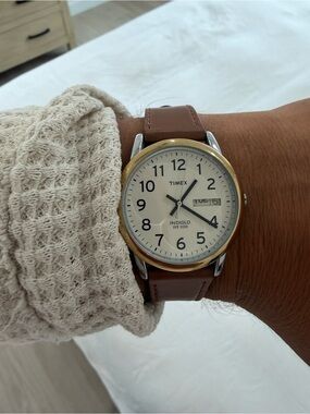 Timex Cream Dial Brown Leather Strap Watch with Gold Bezel